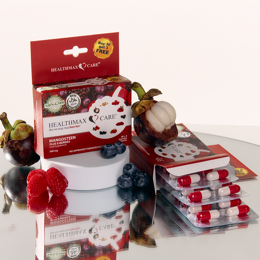 Healthmax Care Mangosteen Plus 8 Berries dietary supplement front label with antioxidant